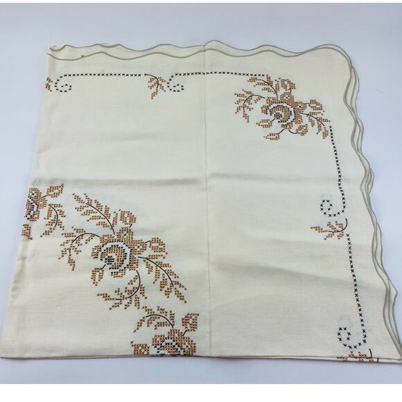 VTG Tablecloth Hand Embroidered CROSS STITCH Cream Brown Floral Neutral Taupe Es - Picture 2 of 16